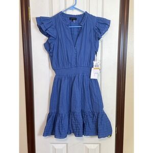 1.STATE Ruffle Sleeve Dress Smocked Waist Tiered Mini Dress Capri Blue S‎